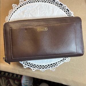 Coach Dark Brown Leather Zip Wallet